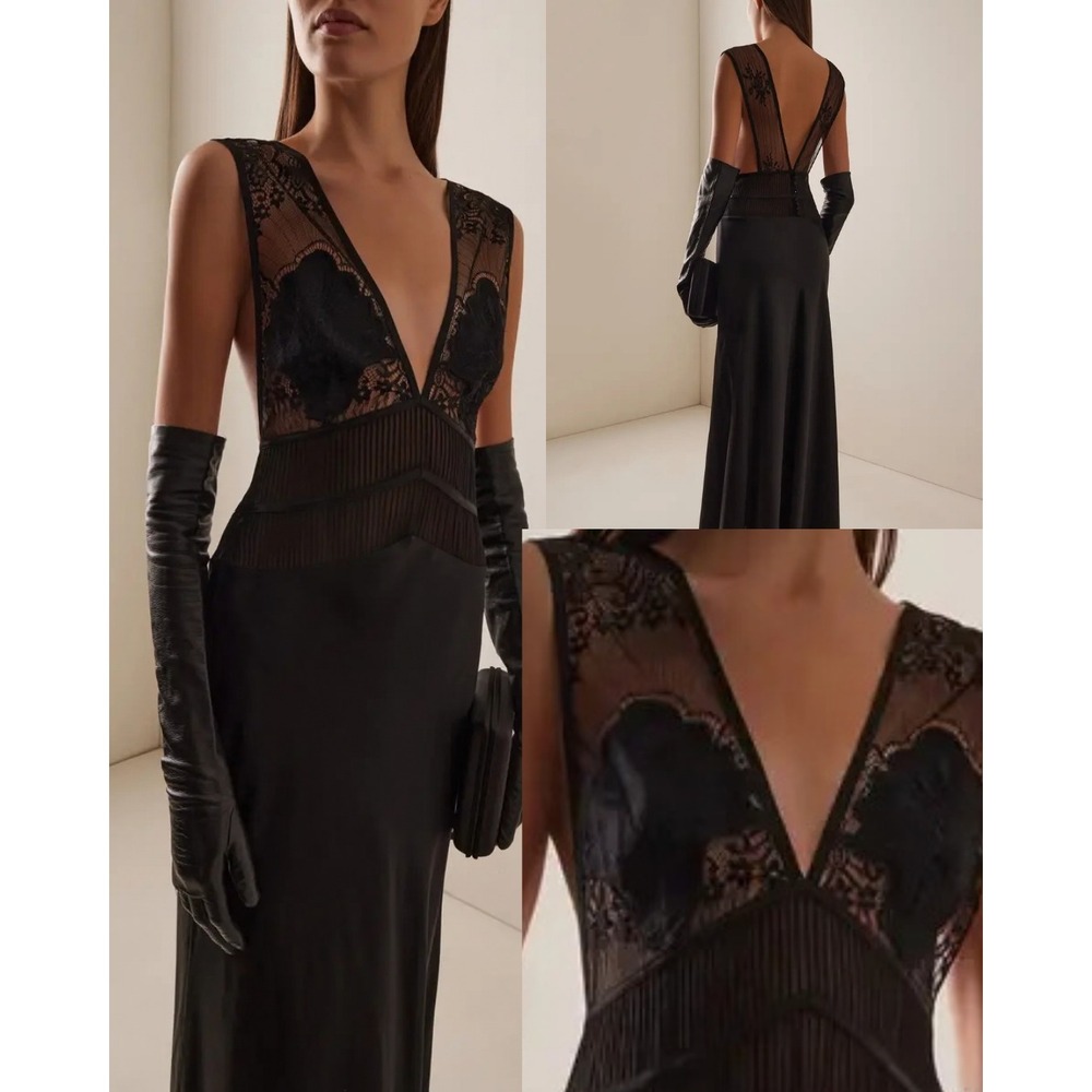 Sleeping with Jacques 100% Silk Pascal Lace-Inset Silk Black Maxi Dress Gown 1